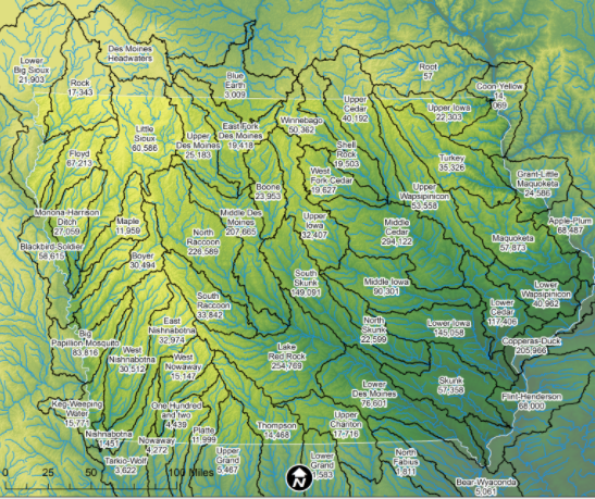 Map showing the human population of Iowa watersheds