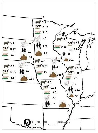 Map of Iowa and bordering states showing the animal and human populations in each state, along with the human equivalent fecal waste. 