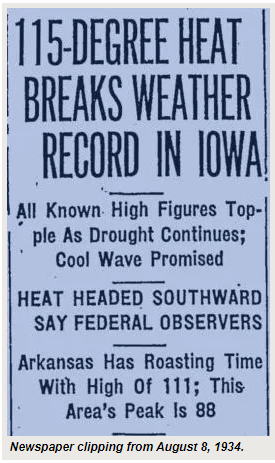 Newspaper clipping featuring a headline about 1934 drought in Iowa