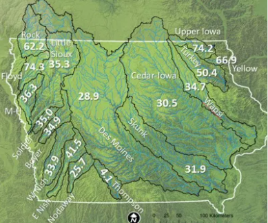 Map of Iowa showing nitrate losses by watershed