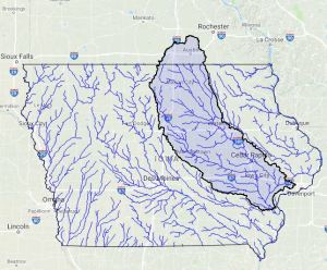 A map showing the Iowa Stream nitrate of the Iowa River at Wapello in 2017