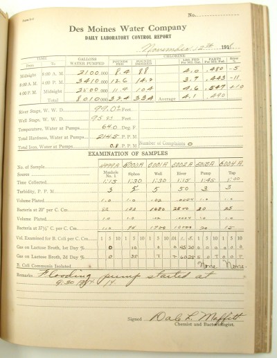 A lab report from the Des Moines Water Works in 1918