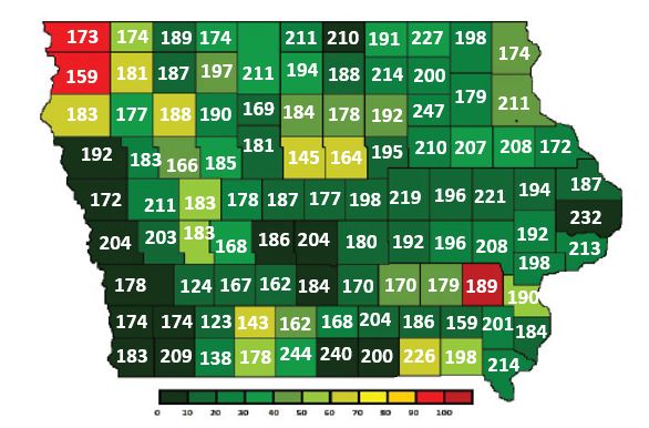 A color-coded county map of Iowa indicating available manure N