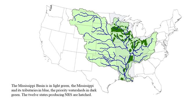 A map of the United States with the Mississippi River Basin in Green