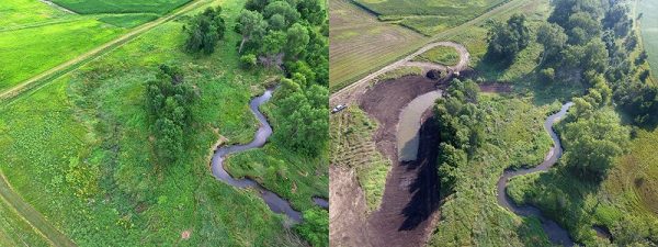 Before and after of the oxbow restoration at Morgan Creek