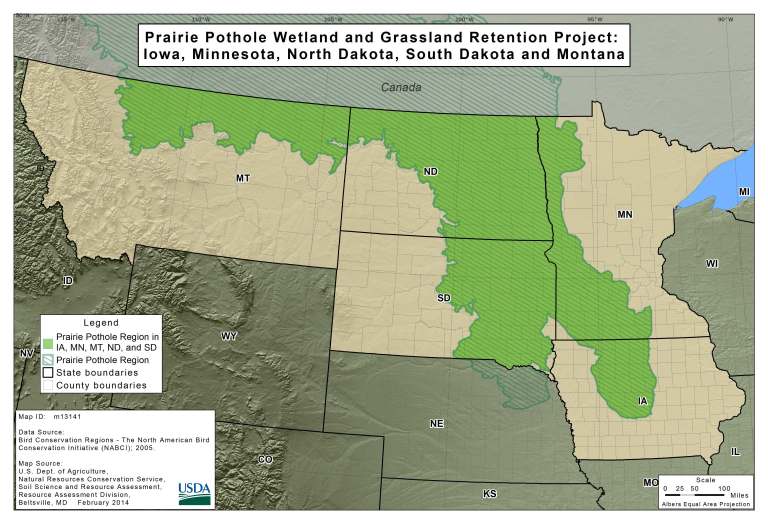 A map of the Midwest with Prairie Pothole Wetland and Grassland Retention Project in Iowa, Minnesota, North Dakota, South Dakota, and Montana highlighted
