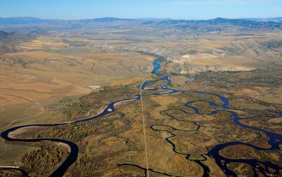 Aerial view of the confluence of the Gallatin, Madison, and Jefferson Three Forks Montana