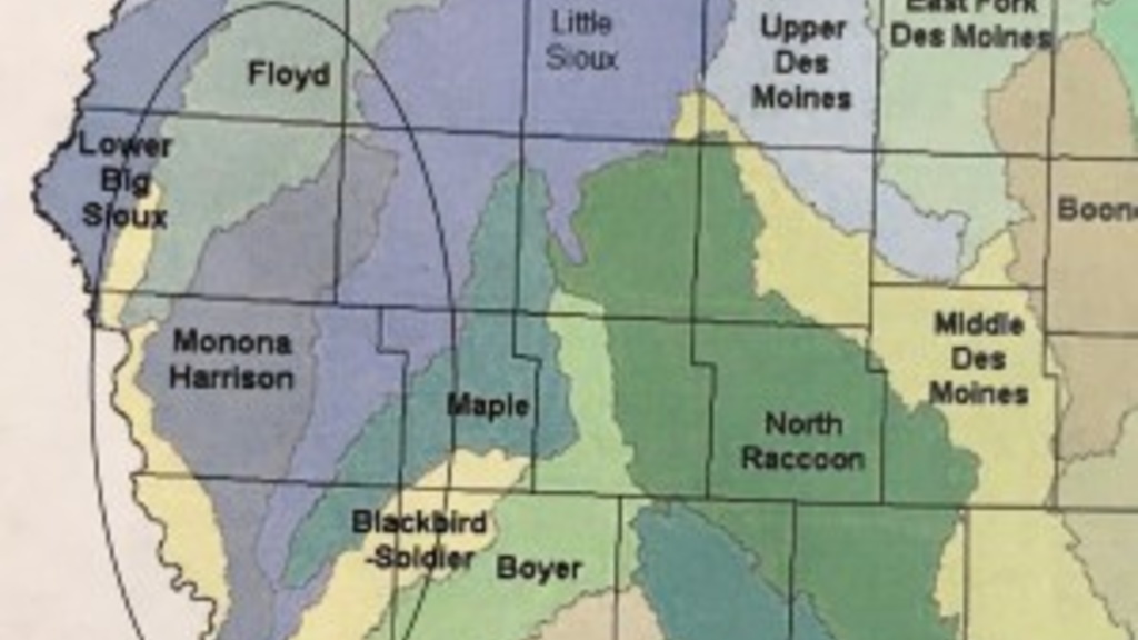A map of the western half of Iowa showing the Monona-Harrison Ditch Watershed