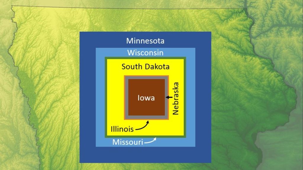 A map of Iowa with public land areas bordering Iowa listed 