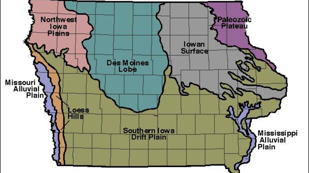 Map of Iowa with landform regions drawn on in different colors